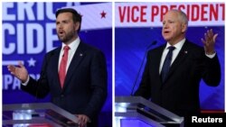 El candidato republicano a la vicepresidencia, el senador JD Vance (R-OH), en debate con el candidato demócrata, el gobernador de Minnesota, Tim Walz. REUTERS/Mike Segar